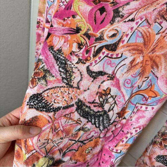 Y2K Just Woman Pink Multicolor Bird Floral Printed Beaded Long Sleeve Blouse - Picture 5 of 8